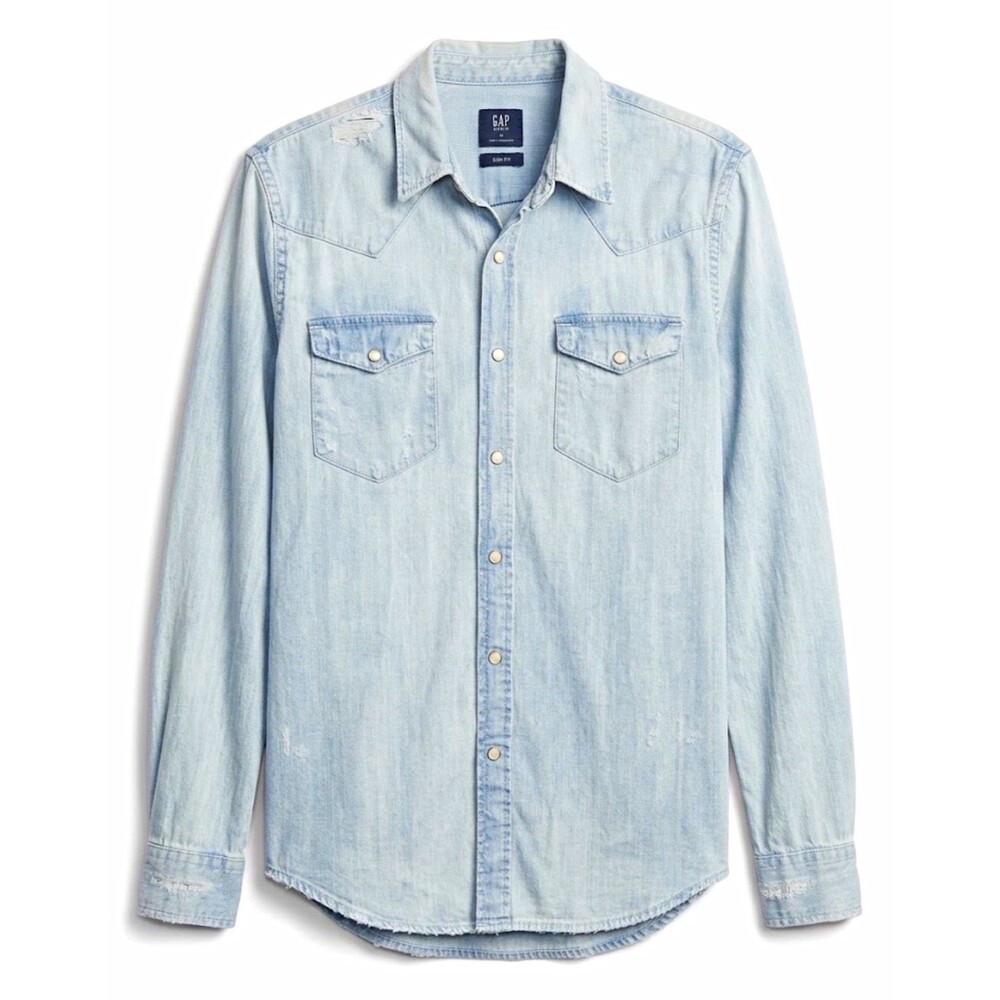 GAP Mens Denim Shirt M Blue Slim Fit Button Up Long Sleeve Pockets Cotton